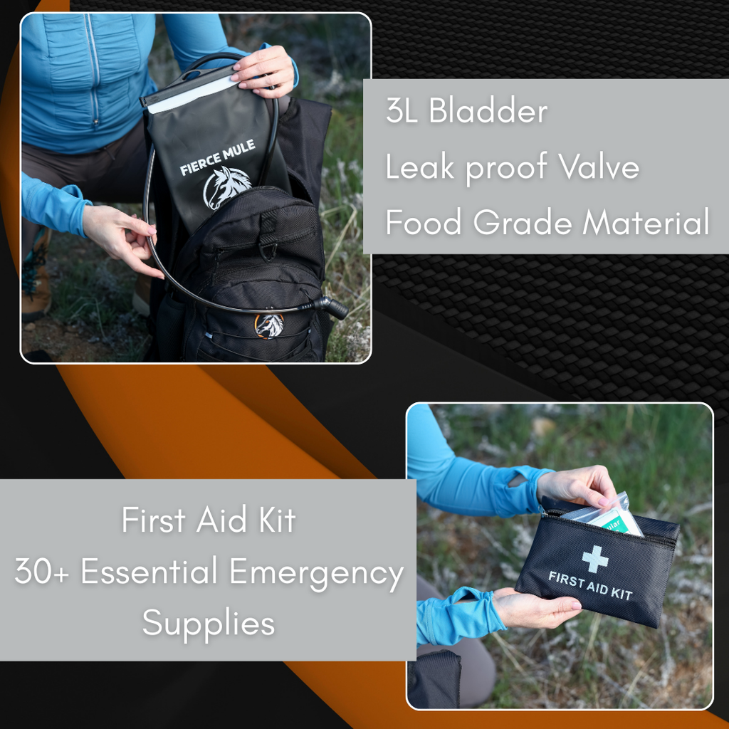Black bladder pack with Fierce Mule branding and a first aid kit being held, set against a natural background.