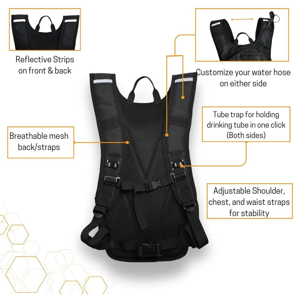 Black hydration backpack with features highlighted on a white background