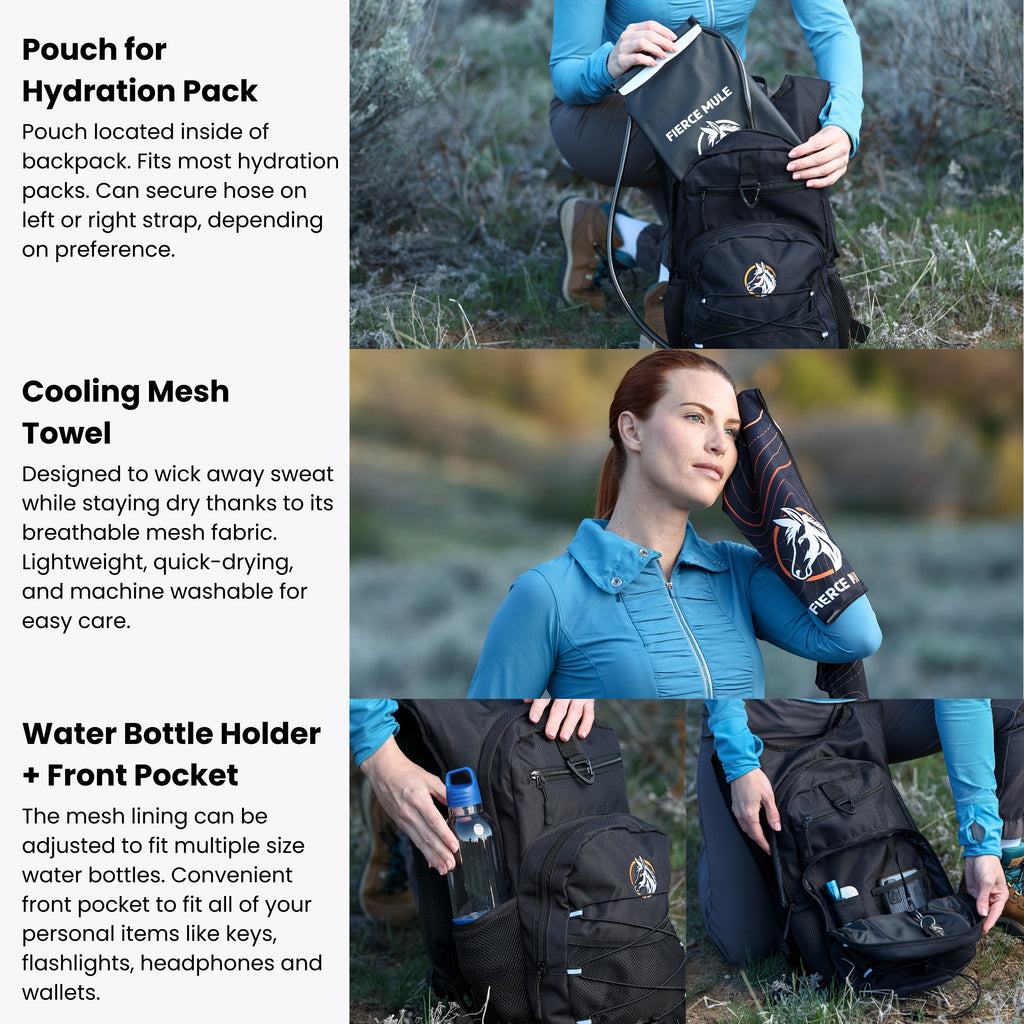 Product features of a backpack with hydration pack, cooling towel, and water bottle holder.