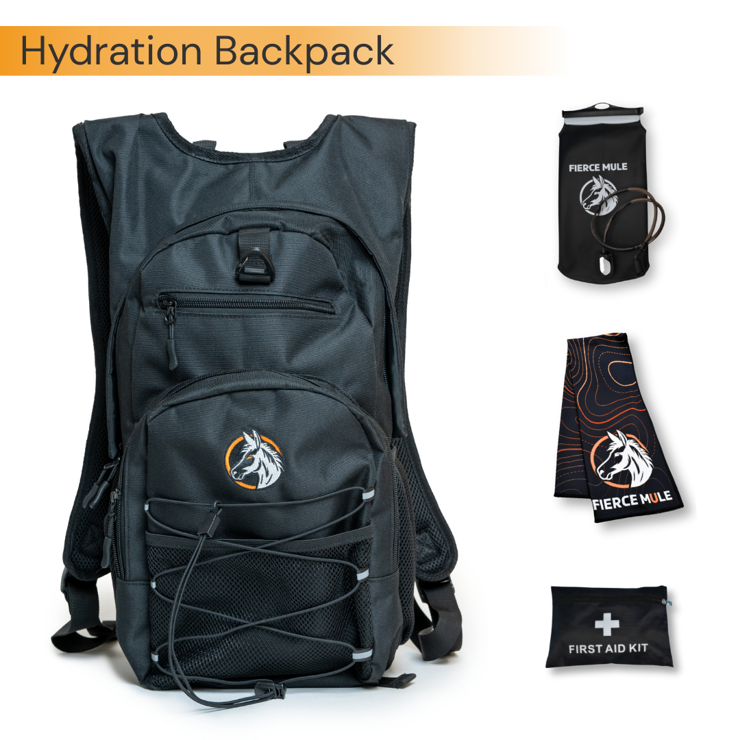 Black hydration backpack with accessories on a white background