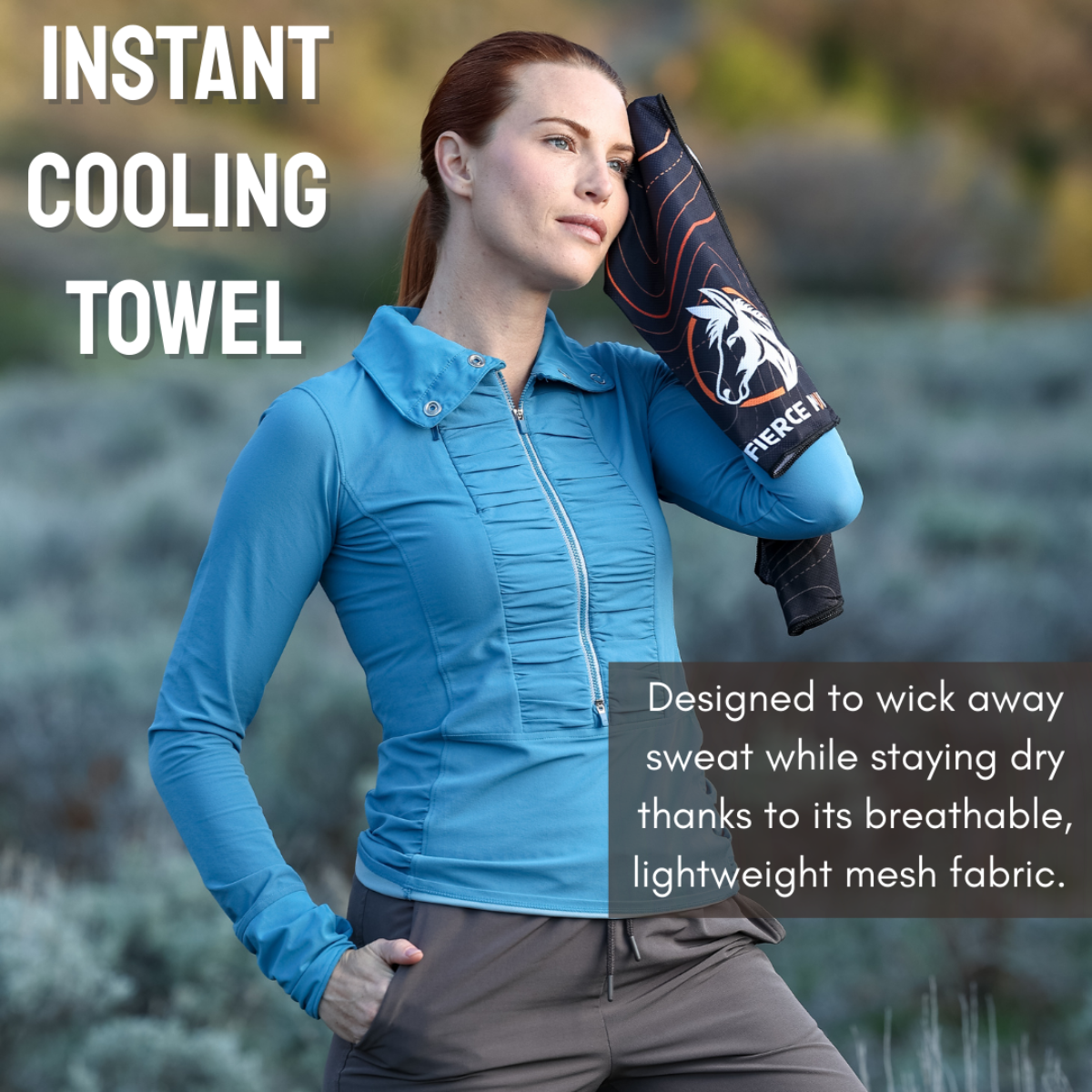 Woman using an instant cooling towel outdoors with text highlighting its features.